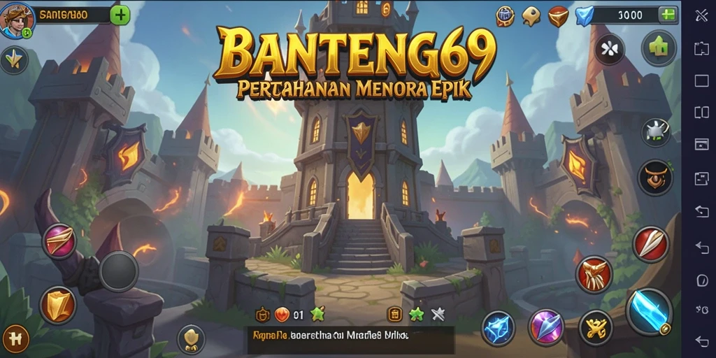 Tampilan gameplay Tower Defense epik di BANTENG69 dengan berbagai menara yang strategis.