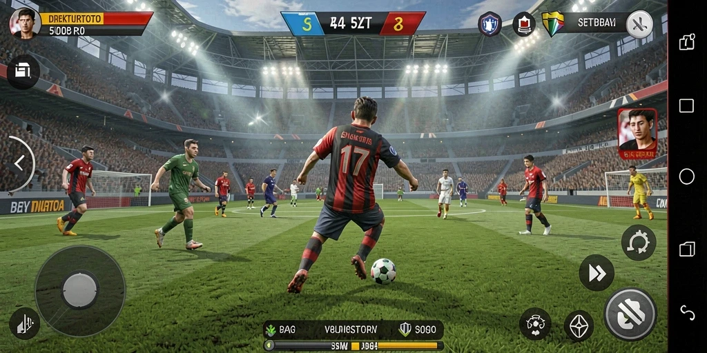 Tampilan gameplay seru di lapangan sepak bola.