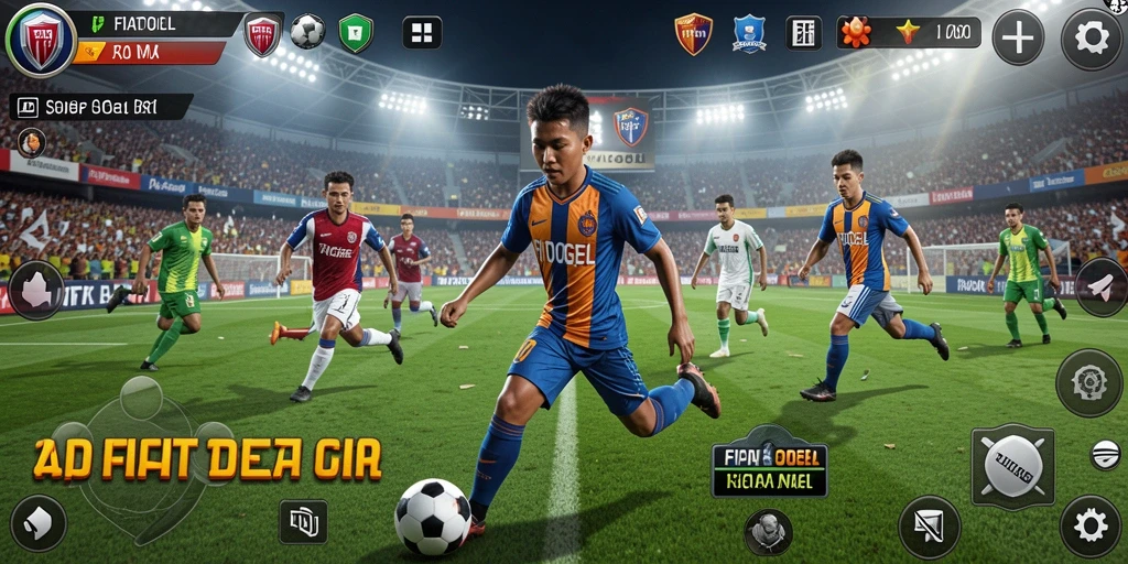 Tangkapan layar gameplay FIATOGEL yang menggambarkan aksi seru sepak bola.