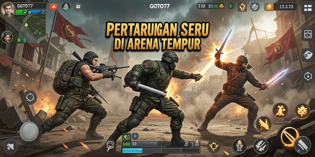 Screenshot gameplay GOTO77 menunjukkan pertarungan seru di arena yang intens.
