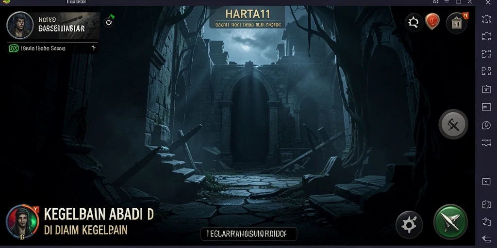 Screenshot gameplay HARTA11 menampilkan suasana horror yang mencekam dengan latar kegelapan.