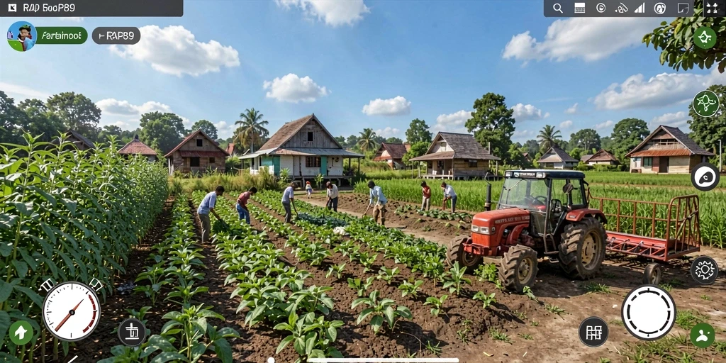 Tampilan permainan RAP89 dengan ladang yang subur dan tanaman berwarna-warni.