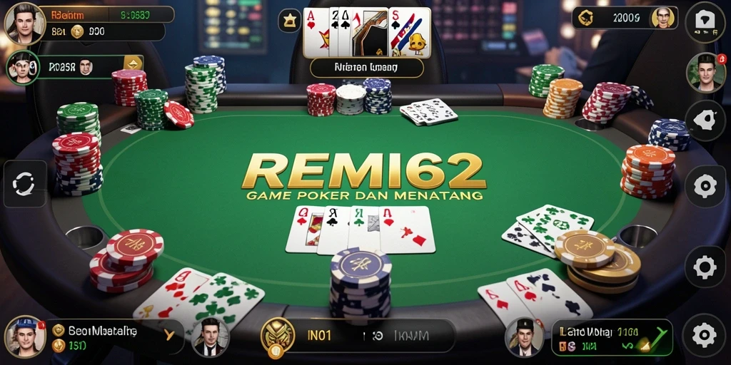 Screenshot REMI62 menampilkan momen seru permainan poker yang kompetitif.