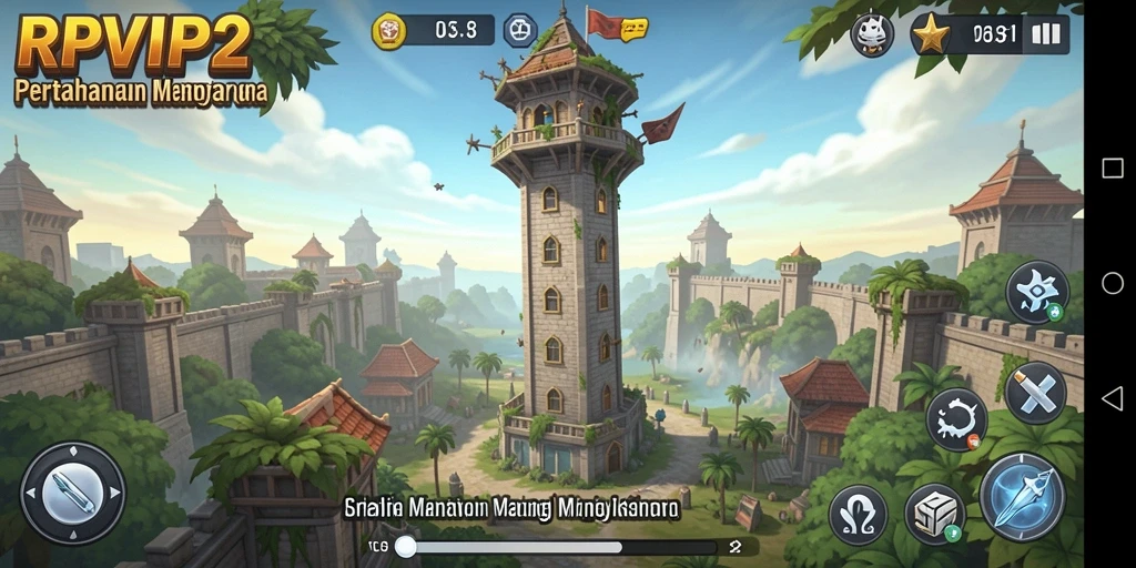Screenshot gameplay RPVIP2 menampilkan pertahanan menara yang menantang.